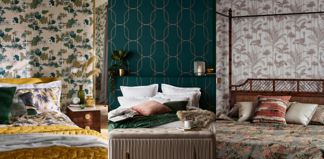 wallpaper for the bedroom featuring a green and gold geometric print behind a double bed