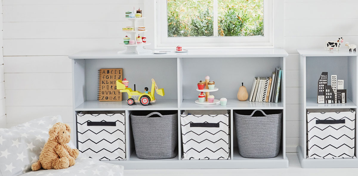 Bedroom storage Grey storage baskets in bedroom
