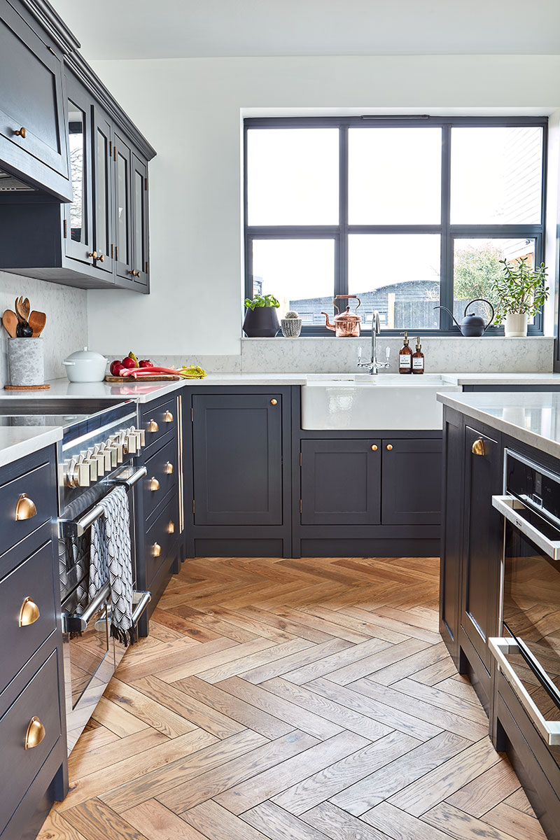 The kitchen has been painted in blue