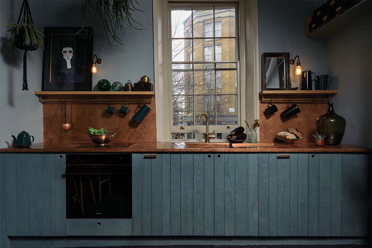 Bronze and blue single galley kitchen