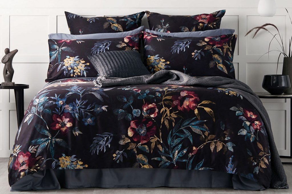 Black bedding with floral pattern