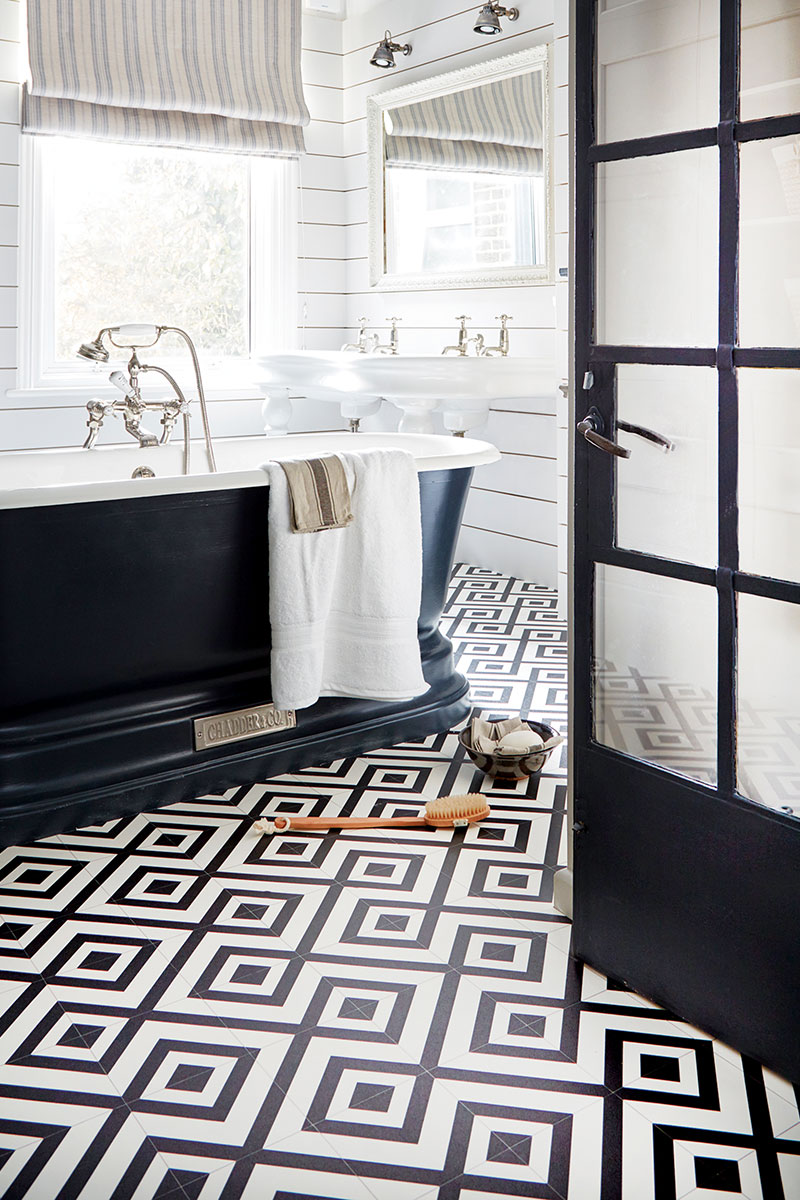 black and white patterned bathroom floor tiles - a potential purchase when buying a bathroom