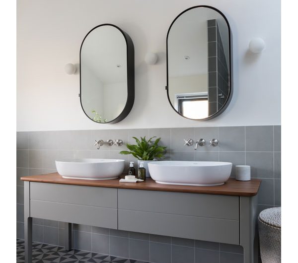 Freestanding bathroom counter unit with two basins