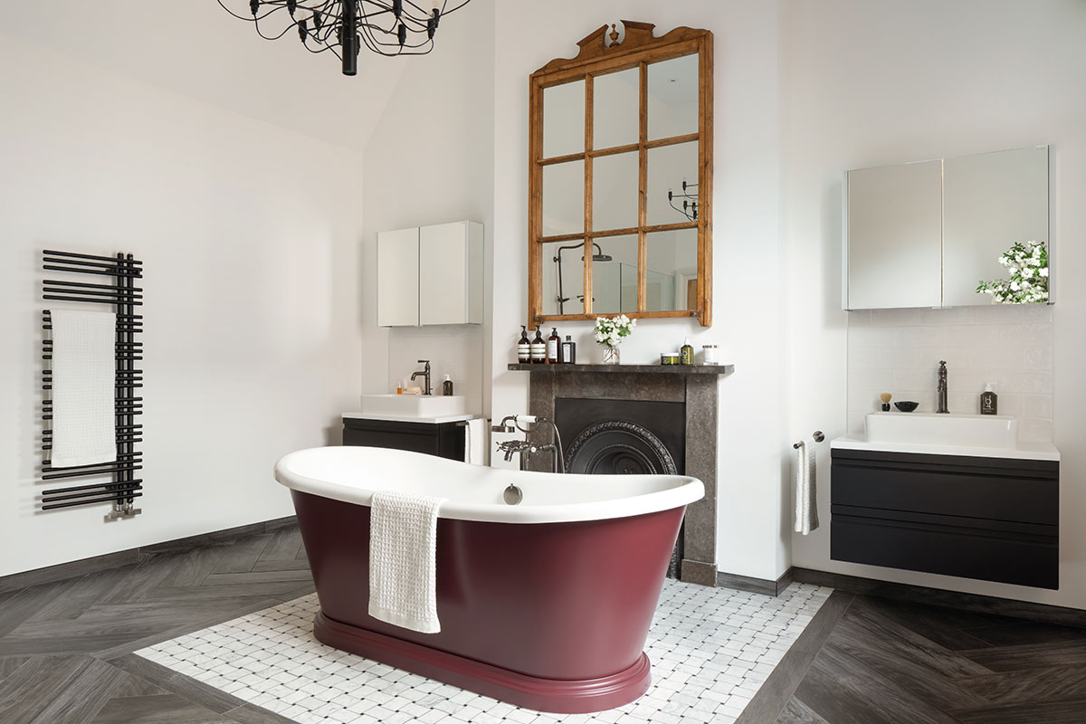 A large bathroom with freestanding bath