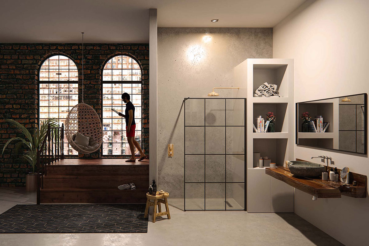 Open-plan bedroom with wetroom in industrial loft