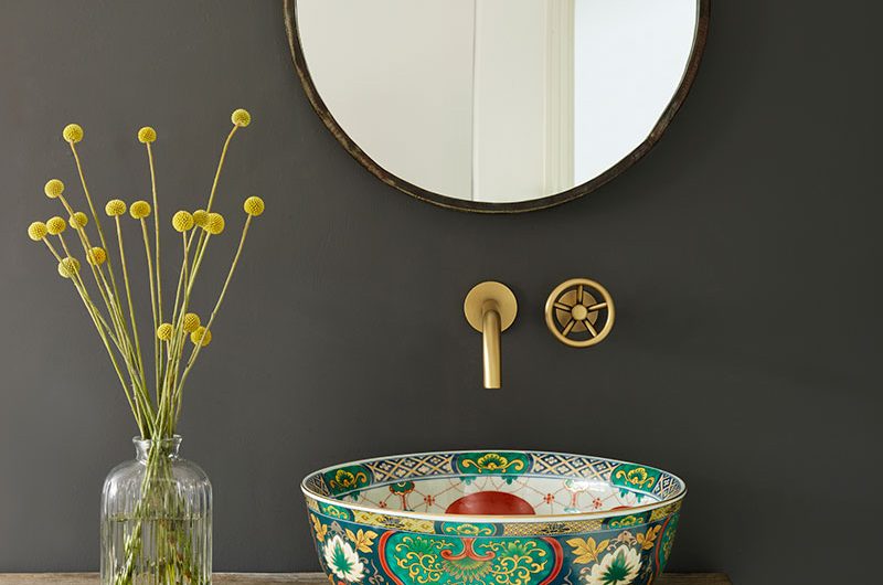 Solid wood vanity with colourful vessel basin - inspo for you to design the cloakroom of your dreams