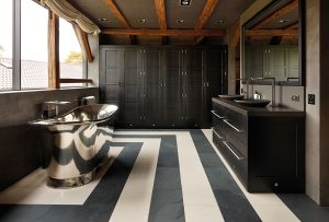 The master suite has a dramatic bathroom
