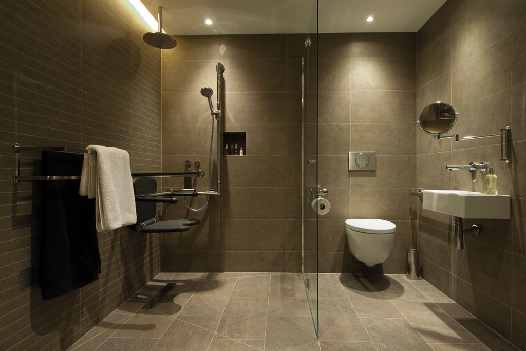 Accessible bathroom with assistive accessories