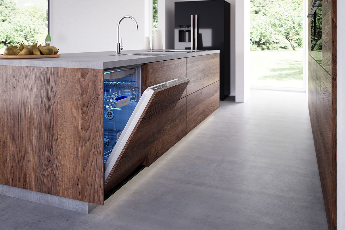 Siemens iQ integrated dishwasher behind wooden front