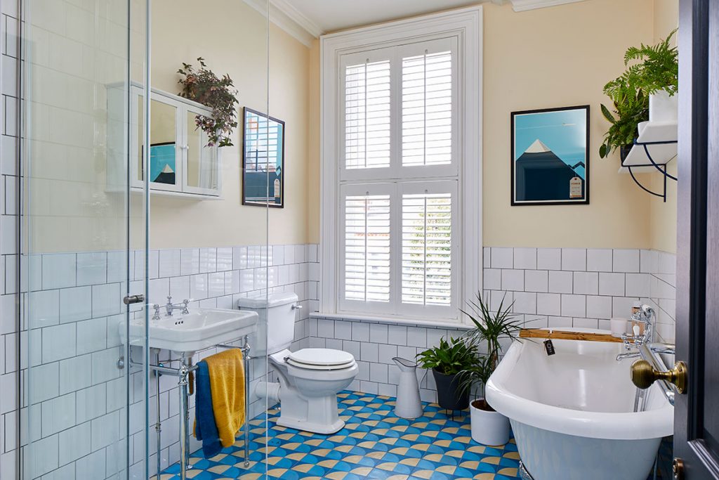 The family bathroom in this colourful house