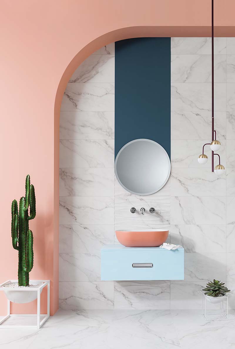 Marble bathroom with coral sink