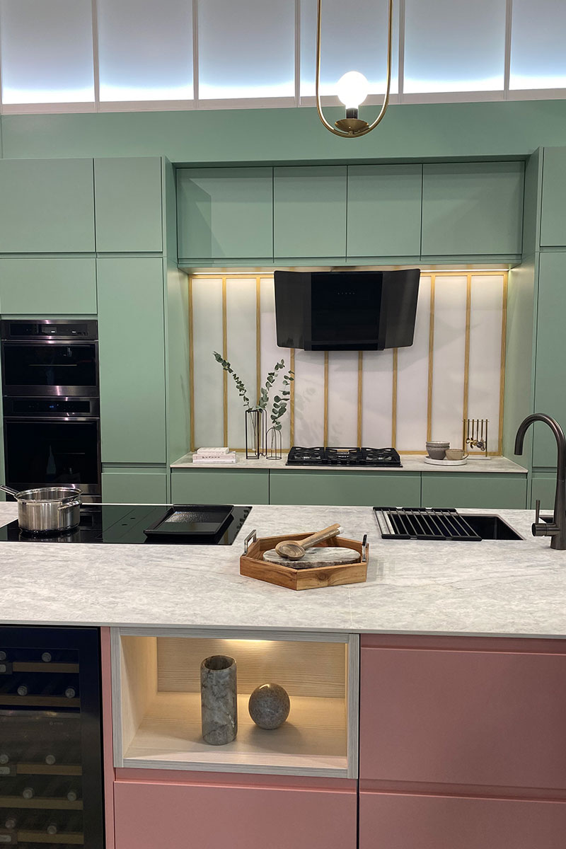 pink and green kitchen 