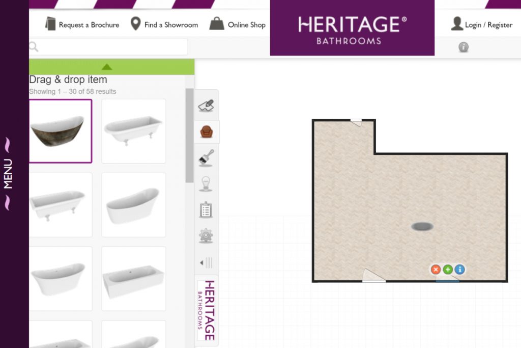 a screenshot of the Heritage Bathrooms online bathroom planner with several types of bath pictured as an example of virtual bathroom design tools