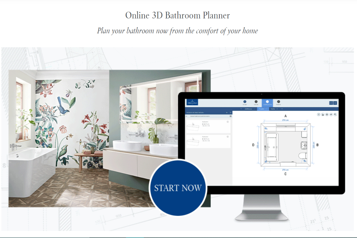 a screenshot of the Villeroy & Boch online 3D bathroom planner as an example of virtual bathroom design tools