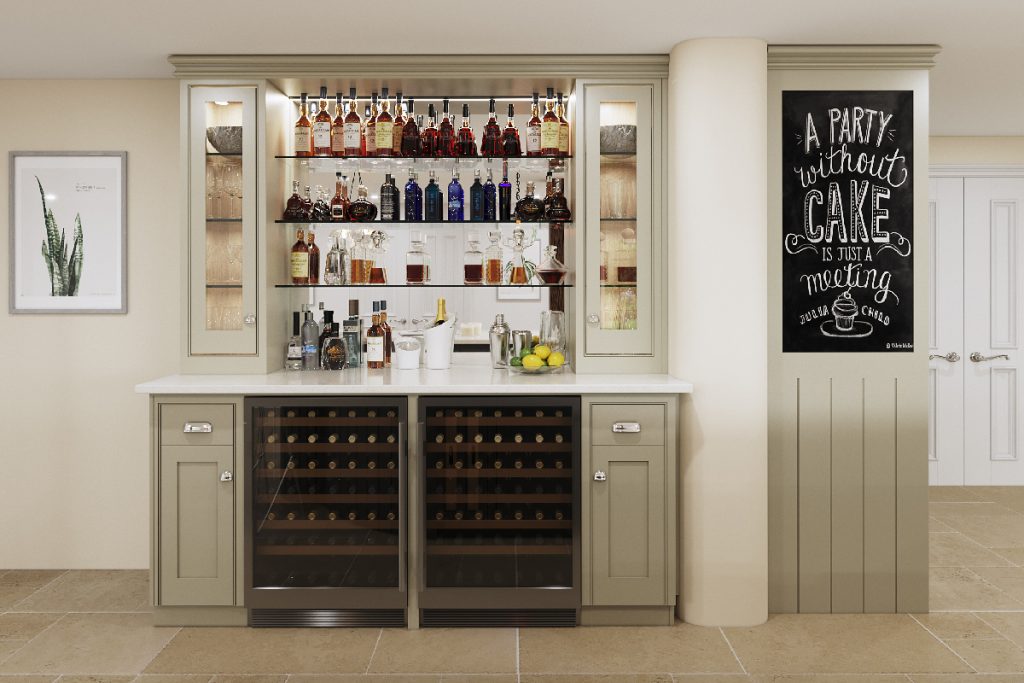 a home bar with cream-coloured Shaker cabinetry with silver handles and wooden wine storage underneath