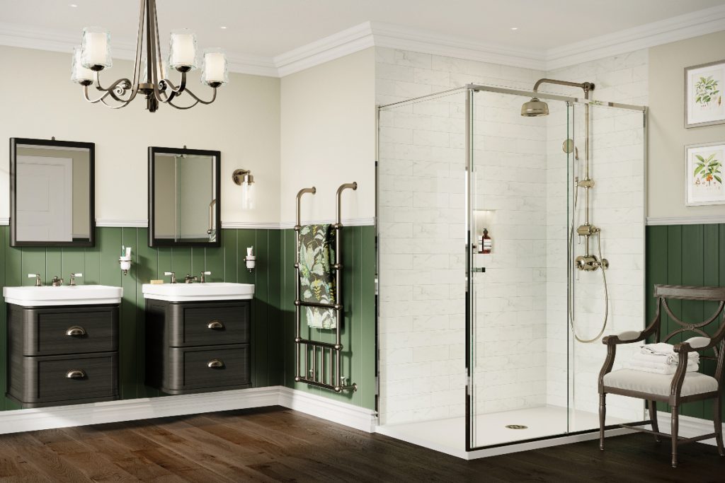a modern rustic bathroom featuring two-drawer double vanity units with black mirrors above them, a shower enclosure and a black chandelier