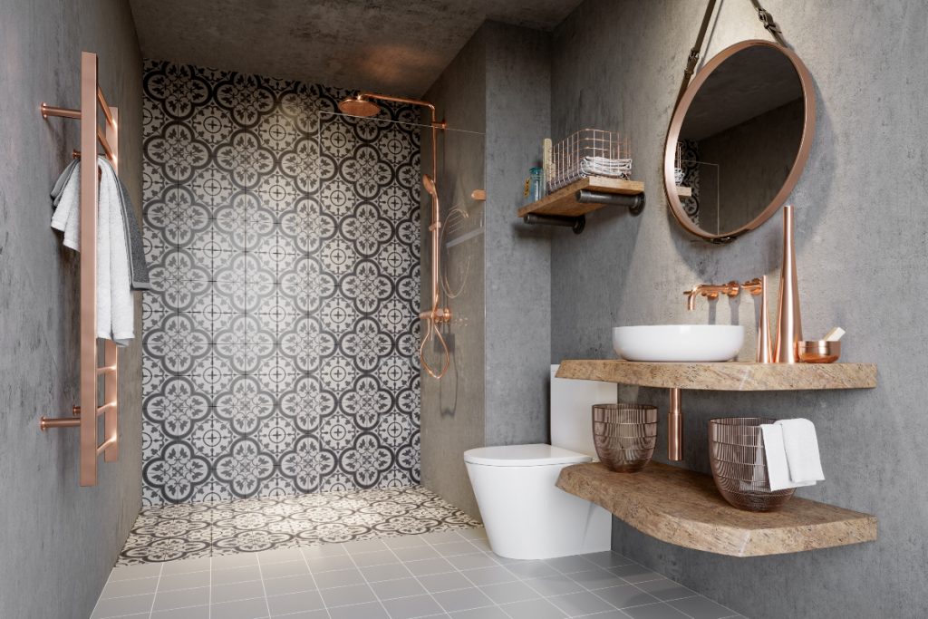 a modern rustic bathroom featuring a copper walk-in shower and floral monochrome tiles