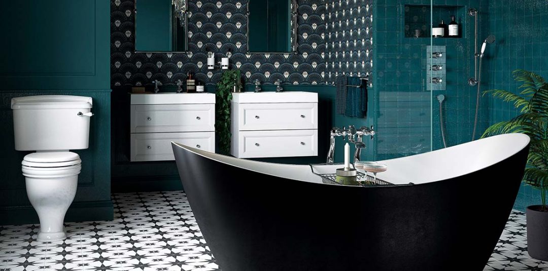 a maximalist bathroom featuring a black bath, two white double basins and monochrome tiles