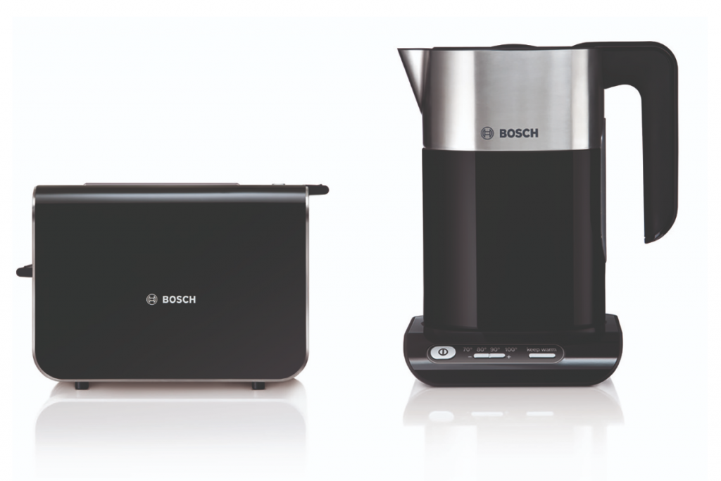 a black Bosch kettle and toaster set