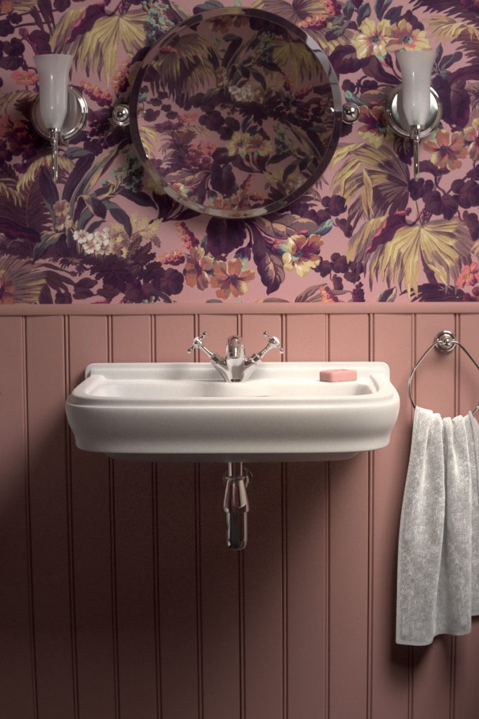 a gorgeous bathroom with floral wallpaper
