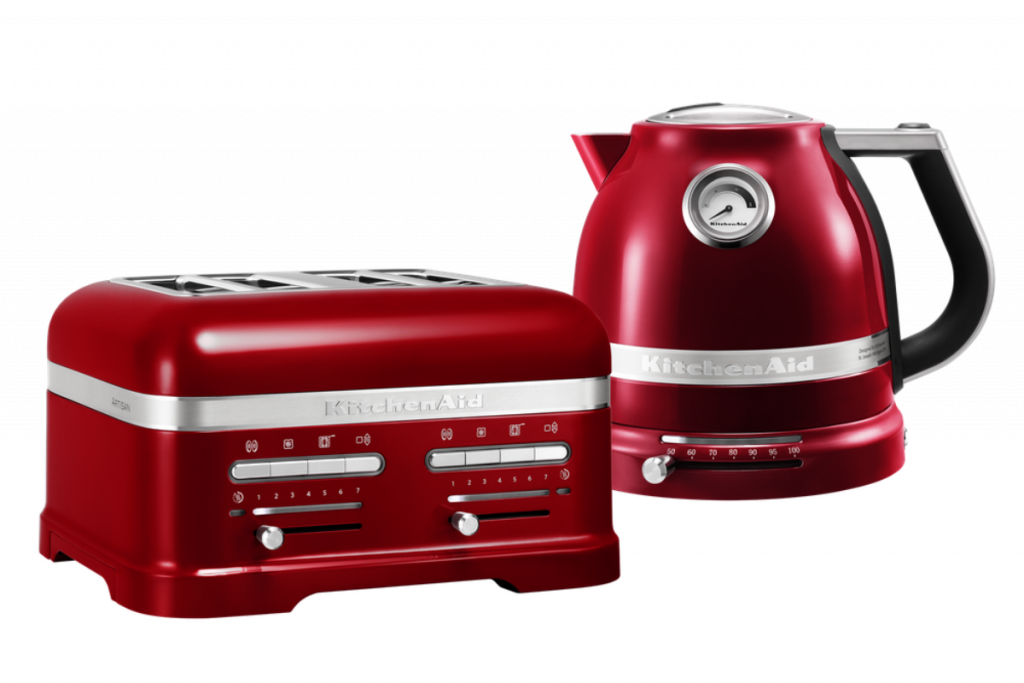 bright red kettle and toaster set from Kitchenaid