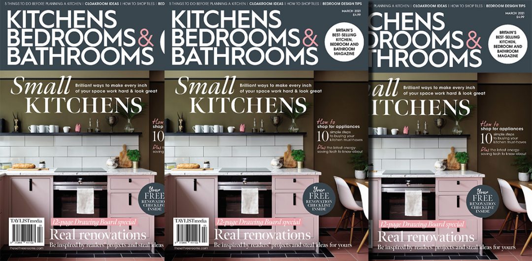 three copies of the March 2021 issue of KBB Magazine, which is about designing a small kitchen