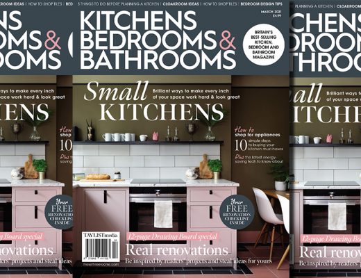 three copies of the March 2021 issue of KBB Magazine, which is about designing a small kitchen