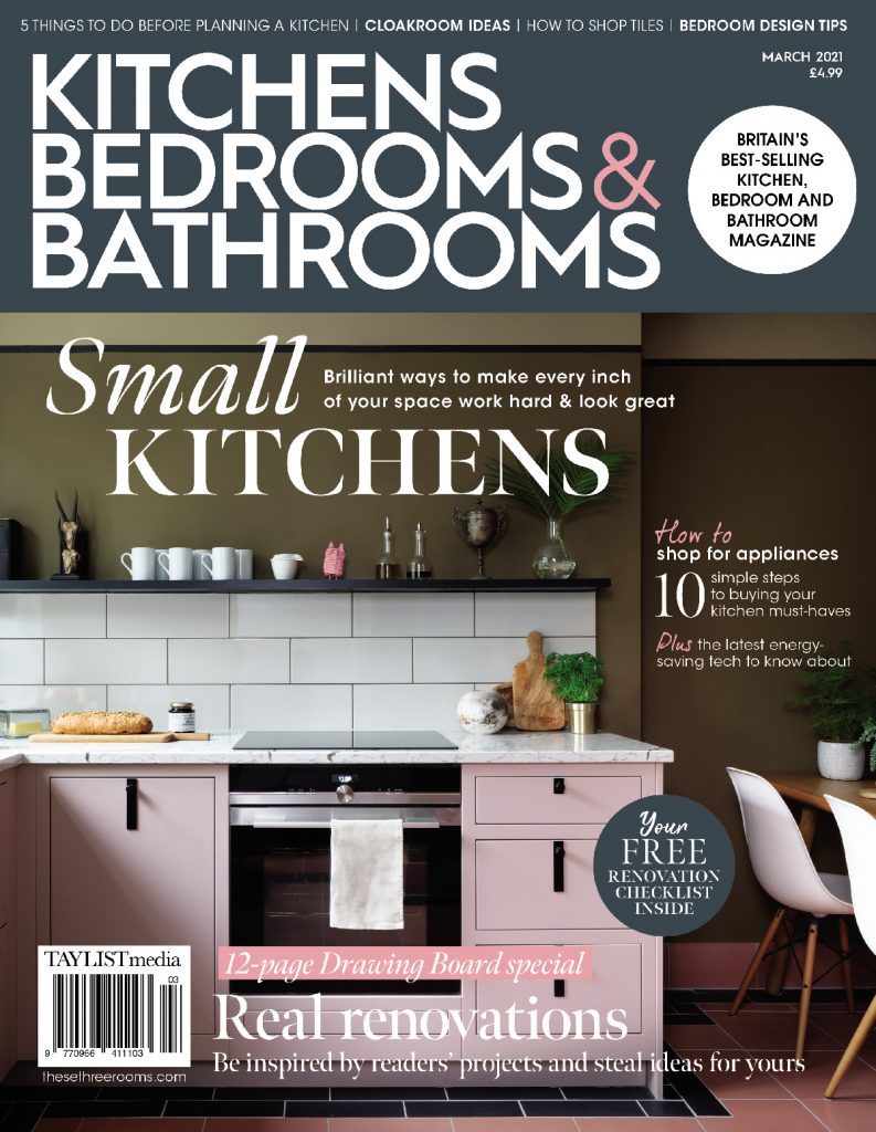 the cover of the March issue of KBB Magazine, which is about designing a small kitchen