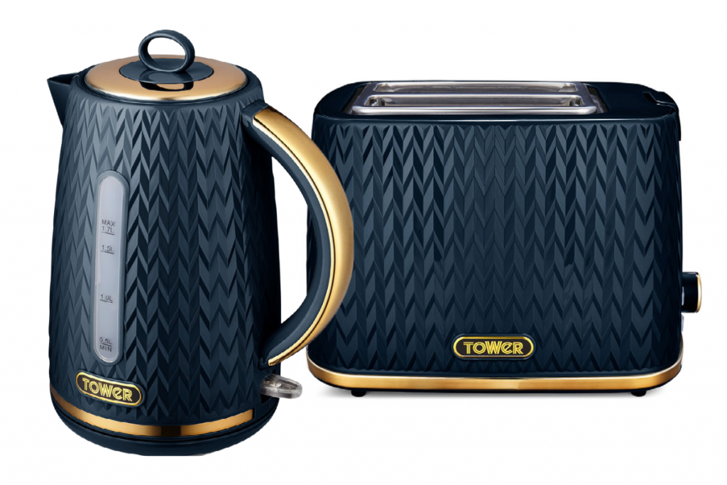 a navy blue and gold kettle and toaster set with a chevron pattern