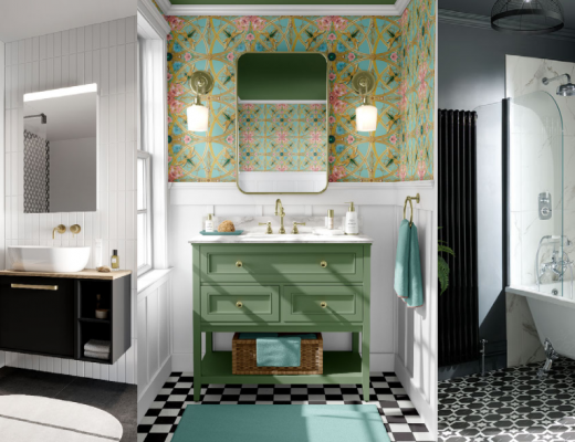 three different Art Deco bathrooms with monochrome floor tiles and rectangular wall mirrors