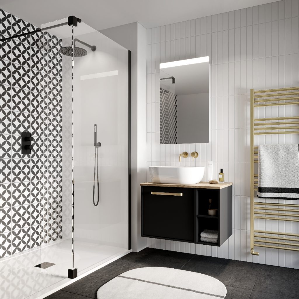 an Art Deco bathroom with a gold towel rail, monochrome tiles and a black vanity unit with a white basin