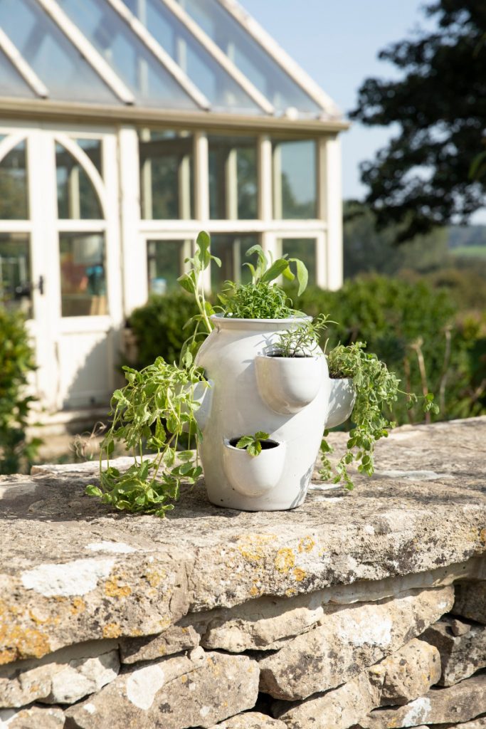 a hard wearing herb planter outdoors in front of a conservatory