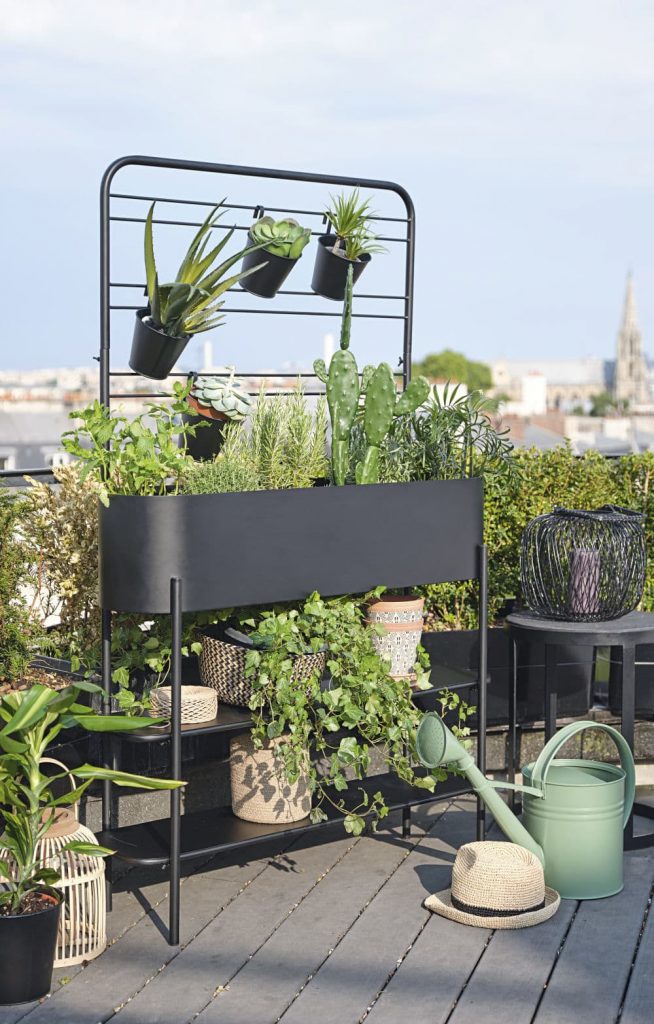 an outdoor herb garden in a black planter on black decking
