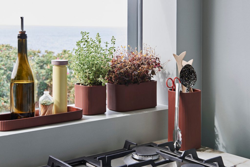 a kitchen herb garden in red fluted pots on a window sill