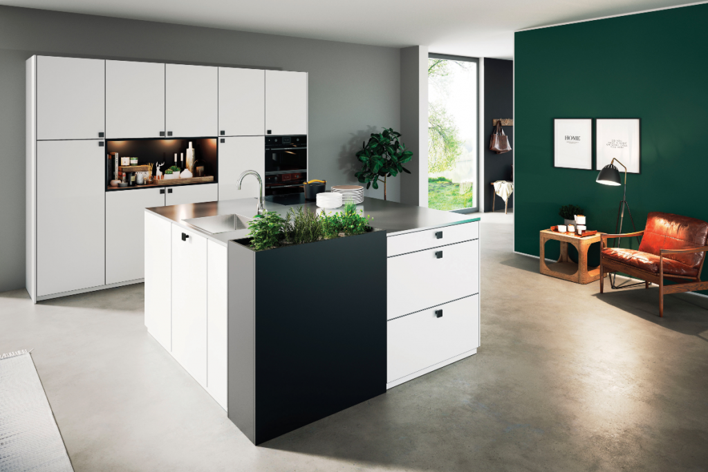 the Zerox Fineline XT Snow design from Rotpunkt, featuring white cabinetry with square black handles