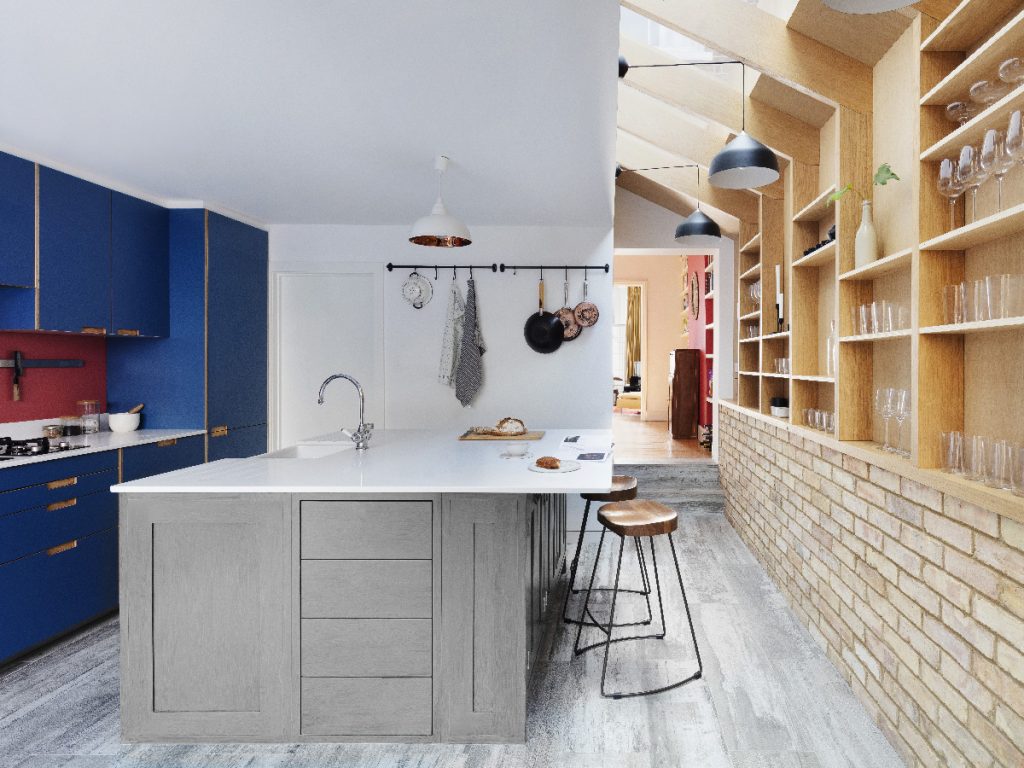 narrow oak joinery below a large skylight next to a worktop with grey cabinetry