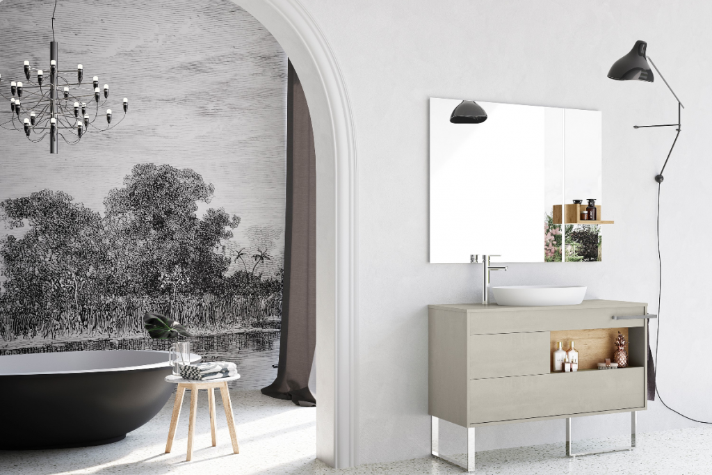 a waterproof wallpaper mural in monochrome behind a black bath and chandelier