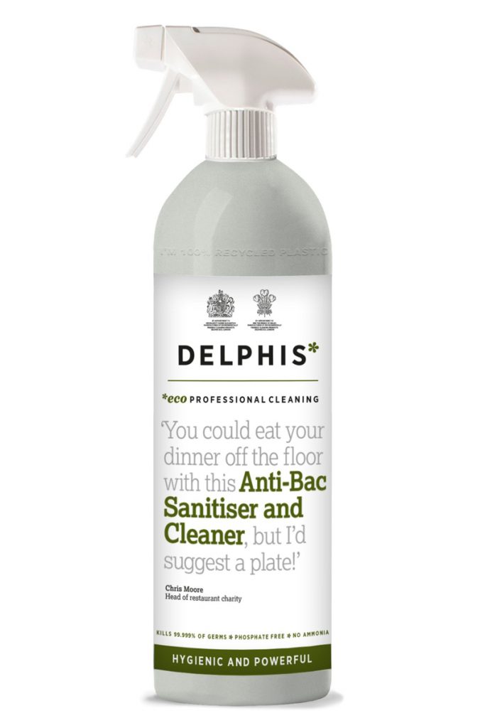 a bottle of Delphis antibacterial sanitiser