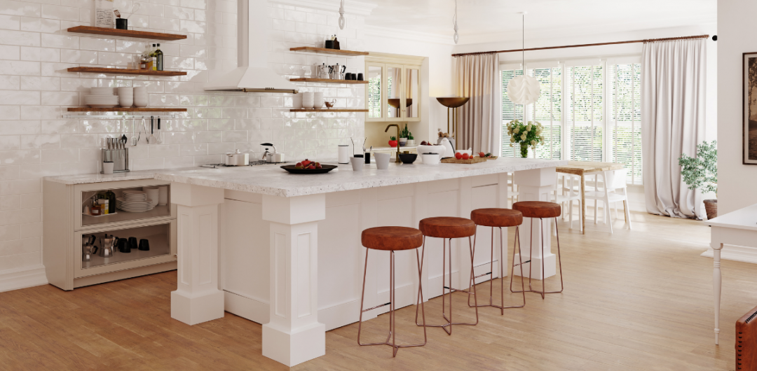 a kitchen layout with four red stools under a white kitchen island