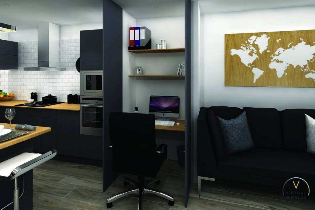 Creating an office cubbyhole to make the most of your kitchen space. This office features a world map on the wall, a sofa, a desk and chair as well as the rest of the kitchen.