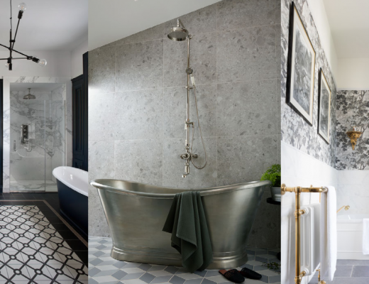 a traditional bathroom with a silver roll top bath and shower above it