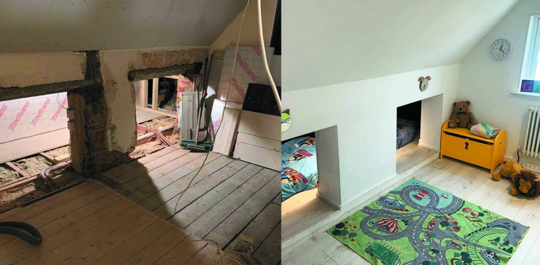 different before and after shots of a kids' bedroom renovation