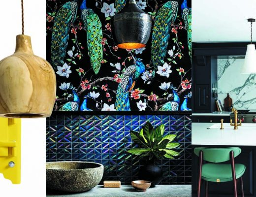 a selection of products for sustainable interiors including bright fabrics, pendant lights and a bathroom basin