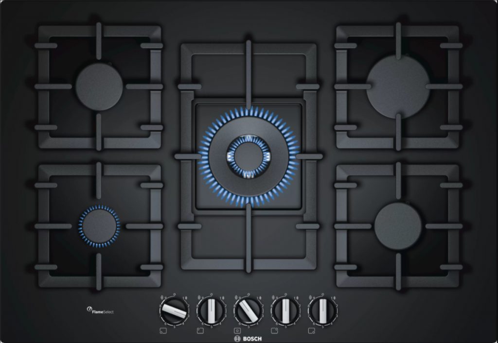 Bosch gas hobs in black with five black burner rings