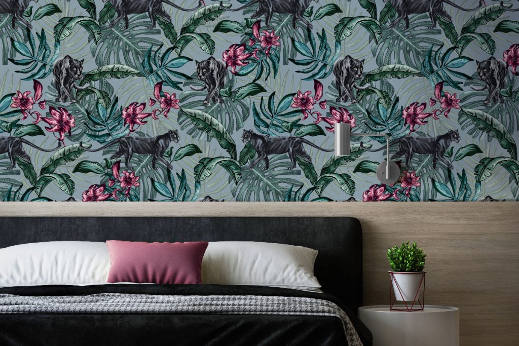 the latest wallpaper from Lime Lace featuring hand-painted panthers framed by pink lilies and green palm leaves
