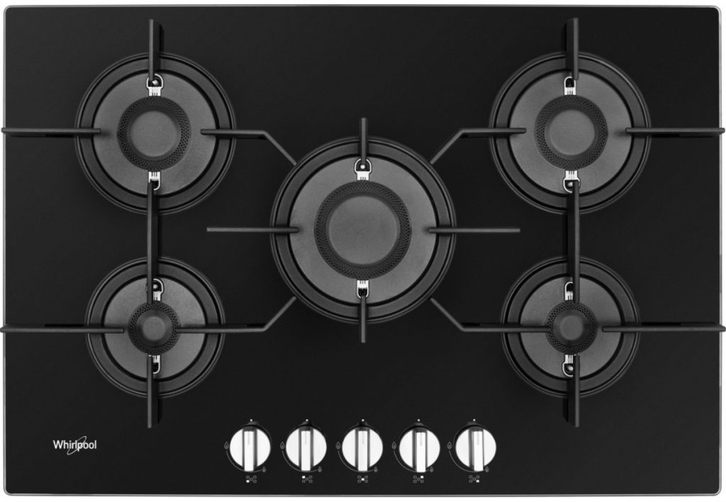 Whirlpool POW 75D2/NB cooker with five black burners and five silver dials