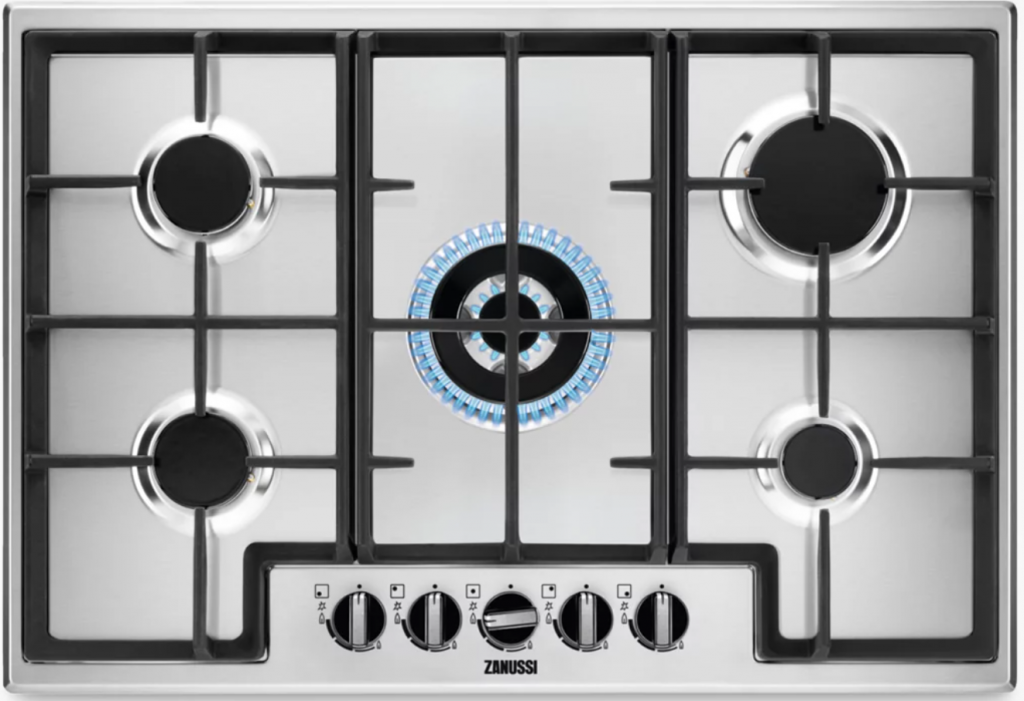 Zanussi gas hobs with black burners and a stainless steel body