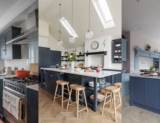 a blue shaker-style kitchen featuring wooden stools around a marble kitchen island