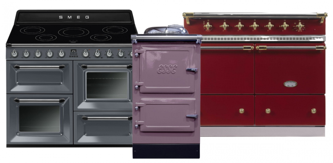 three electric range cookers in black, lilac and red
