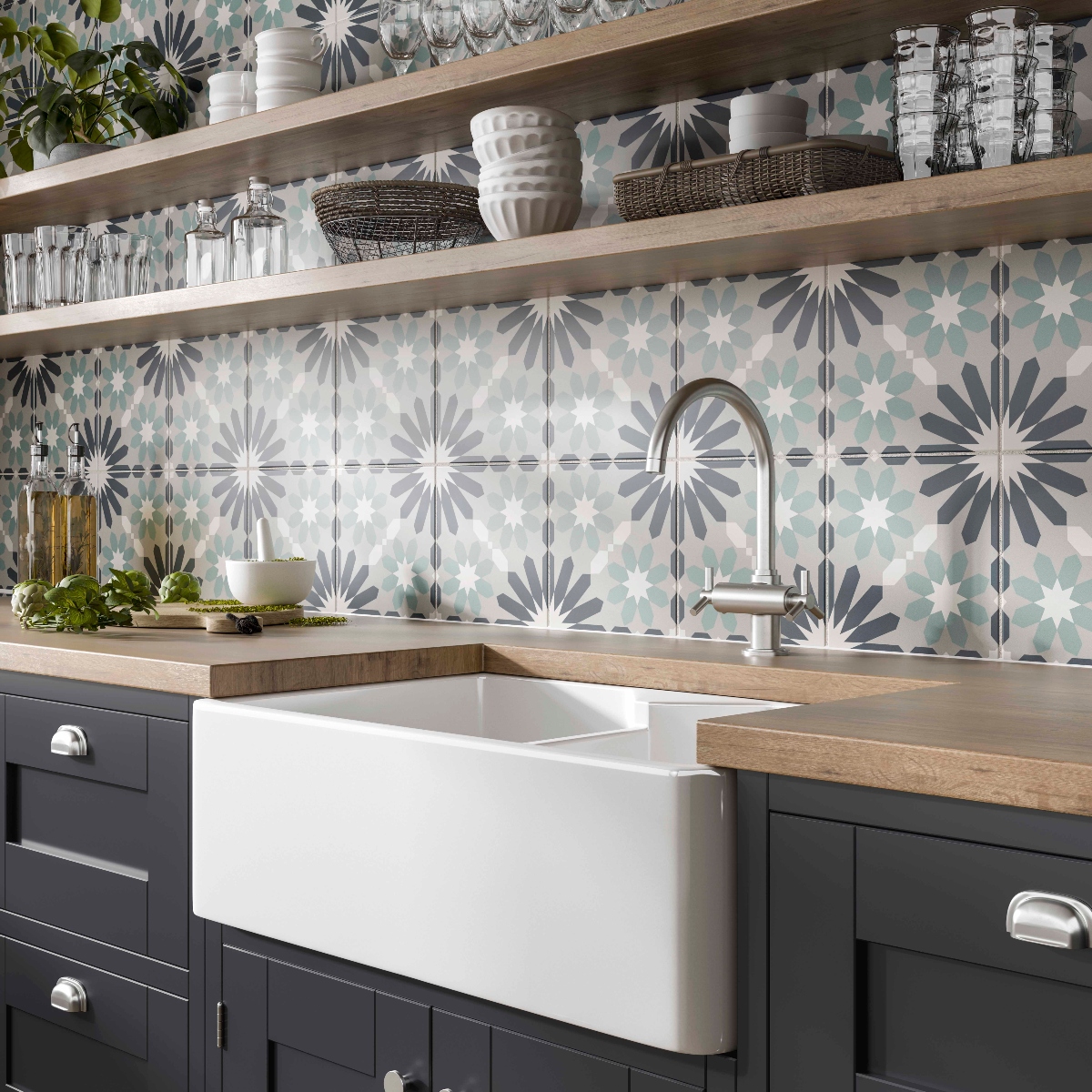 Blue and white patterned tiles for sunny kitchens and bathrooms